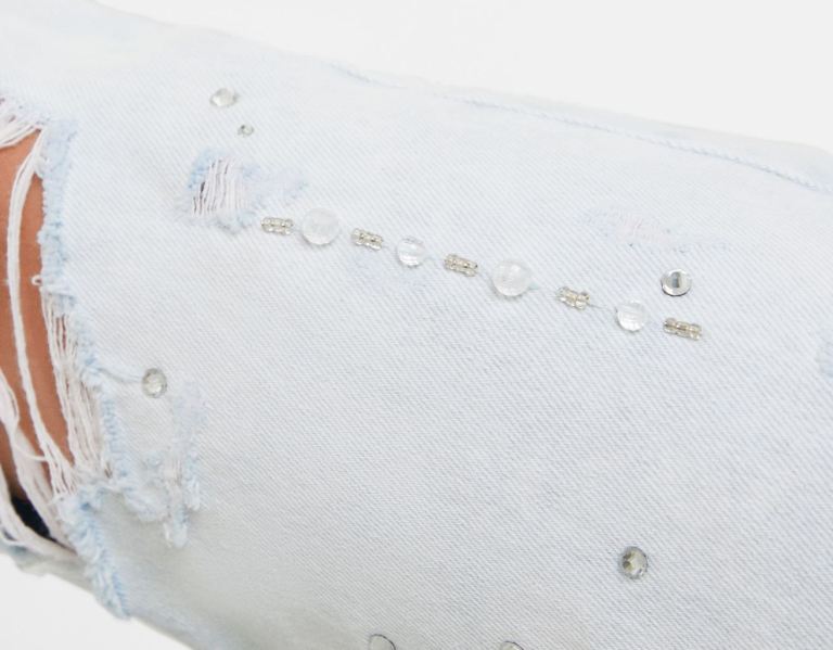 Bershka Rechtdoor-fit With Rips And Rhinestones Jeans Dames Lichtblauw | tzAUtNneGwC