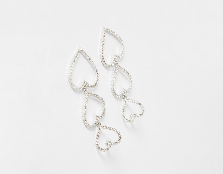 Bershka Rhinestone Heart Cascade Earrings Sieraden Dames Zilver | y462w3WTxge