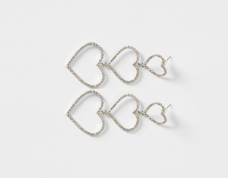 Bershka Rhinestone Heart Cascade Earrings Sieraden Dames Zilver | y462w3WTxge