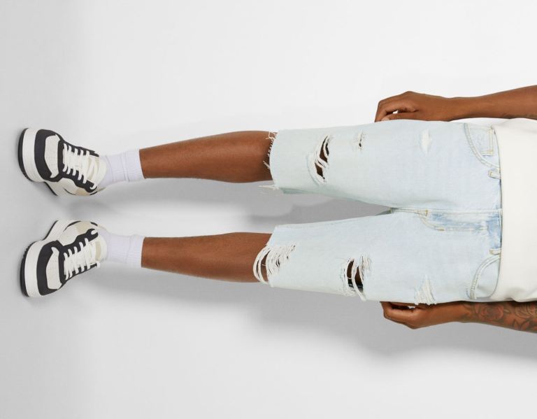 Bershka Ripped Denim Bermuda Korte Broek Heren Lichtblauw | Tvk4HIpIqCK