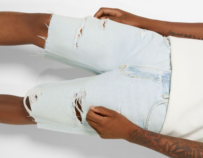 Bershka Ripped Denim Bermuda Korte Broek Heren Lichtblauw | Tvk4HIpIqCK