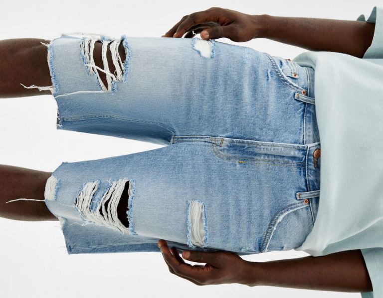 Bershka Ripped Denim Bermuda Korte Broek Heren Lichtblauw | Uq3eeTi24tN