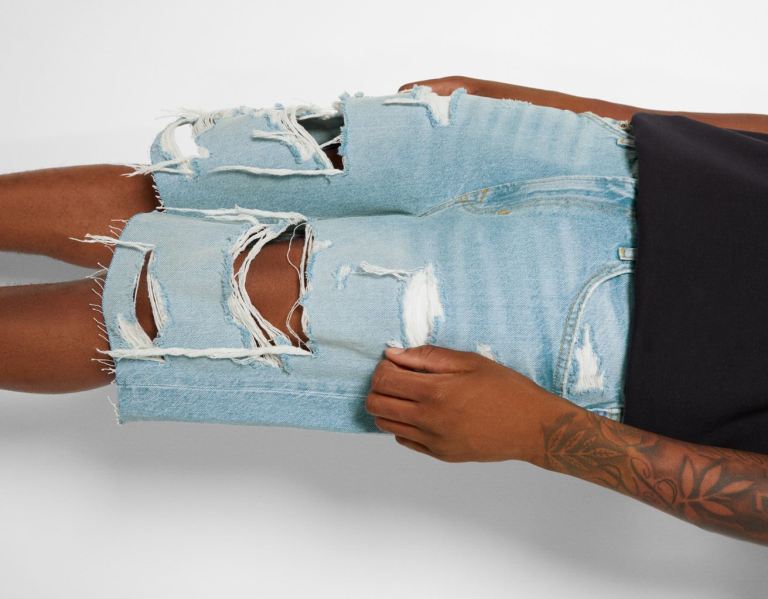 Bershka Ripped Denim Bermuda Korte Broek Heren Lichtblauw | baGcfUIBFWJ