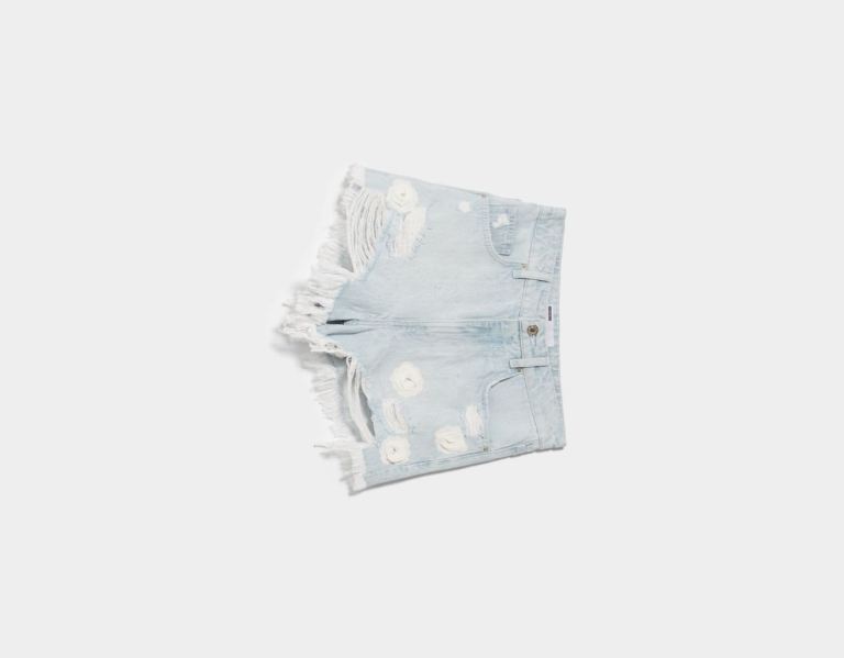 Bershka Ripped Denim Floral Korte Broek Dames Lichtblauw | jU4jFB88iRQ