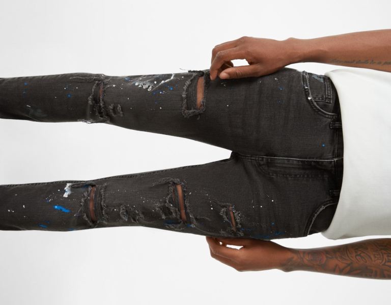 Bershka Ripped Paint Splatter Mager Jeans Heren Zwart | O7OSIXd6nUQ