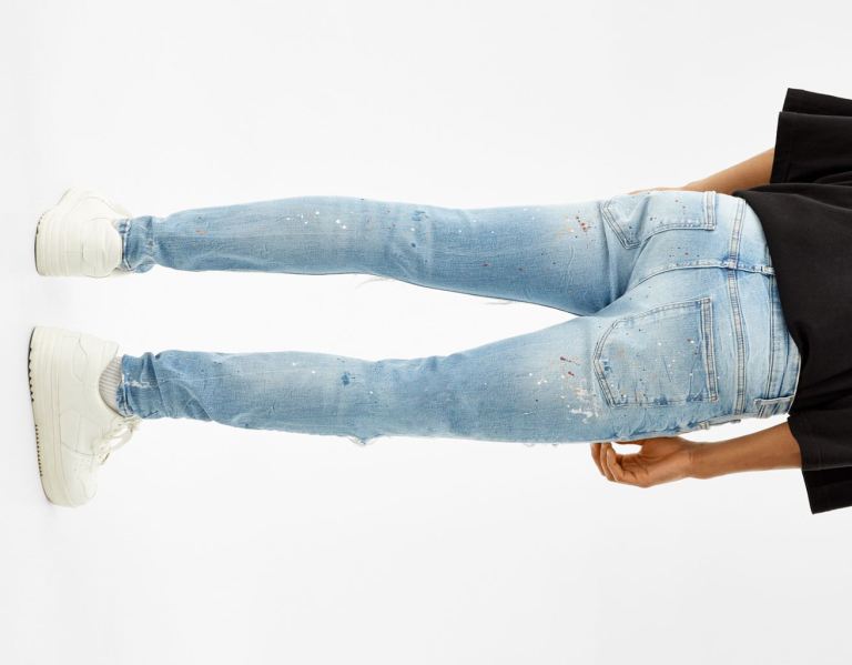 Bershka Ripped Paint Splatter Mager Jeans Heren Lichtblauw | bhUSiCmr2Pj