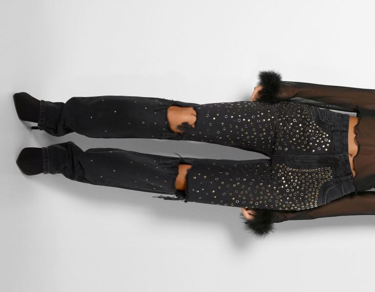 Bershka Ripped Rechtdoor-fit Studded Jeans Dames Zwart | fmgaRnXodMO