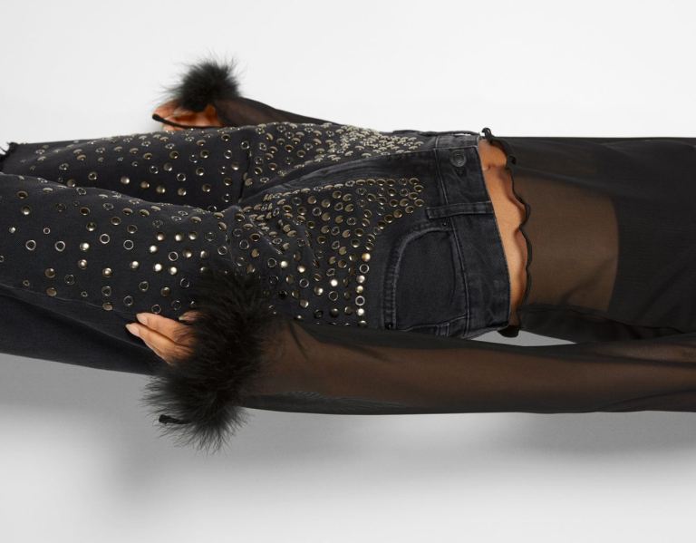 Bershka Ripped Rechtdoor-fit Studded Jeans Dames Zwart | fmgaRnXodMO