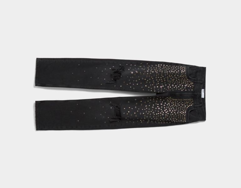 Bershka Ripped Rechtdoor-fit Studded Jeans Dames Zwart | fmgaRnXodMO