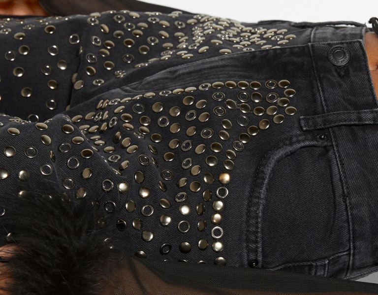 Bershka Ripped Rechtdoor-fit Studded Jeans Dames Zwart | fmgaRnXodMO