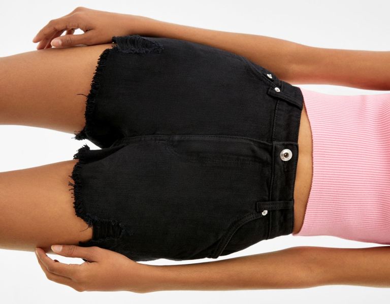 Bershka Ripped Twill Korte Broek Dames Zwart | DJ81KirQHgU