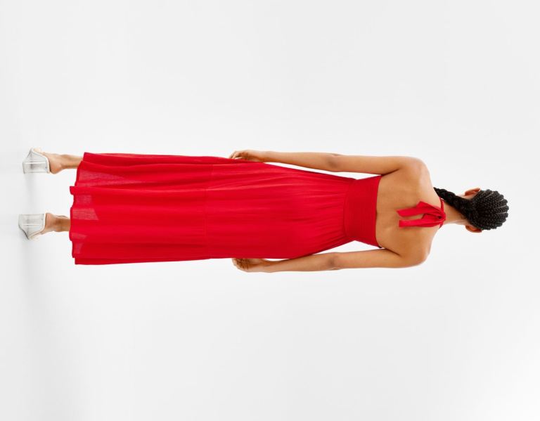 Bershka Ruffled Crepe Long Jurken Dames Rood | lIu7p7mpPu6