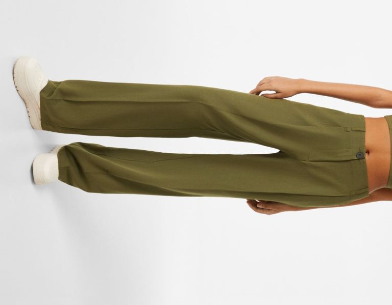 Bershka Rustic Fabric Brede-leg Broek Dames Khaki | ollr1iwnqOd