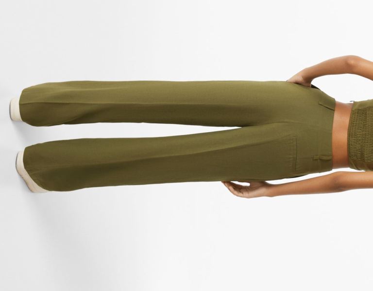 Bershka Rustic Fabric Brede-leg Broek Dames Khaki | ollr1iwnqOd