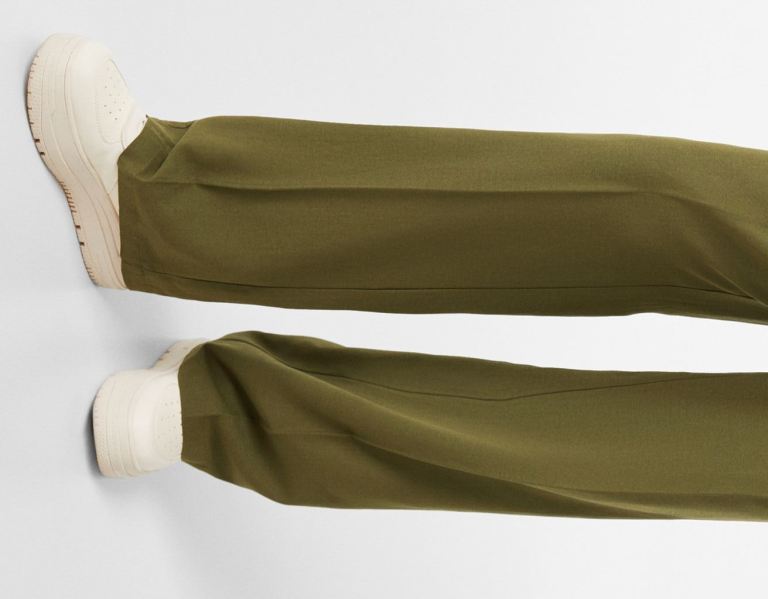 Bershka Rustic Fabric Brede-leg Broek Dames Khaki | ollr1iwnqOd