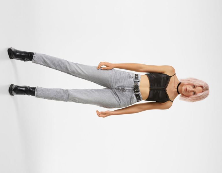 Bershka Satin Finish Crop With Blonde Kanten Detail Topjes Dames Zwart | vyD1TVj2n8X