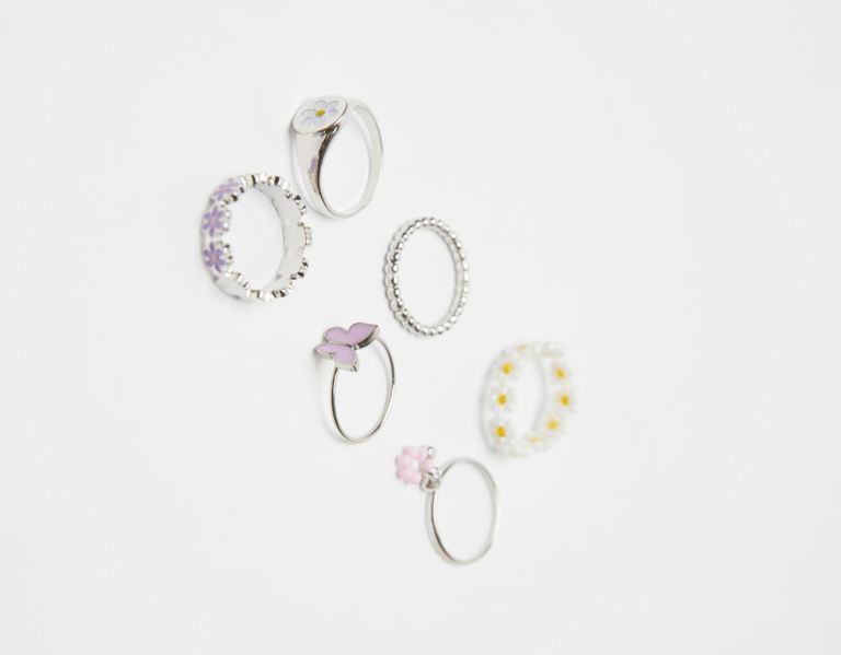 Bershka Set Of 6 Flower Rings Sieraden Dames Zilver | GbW1M1l96OR