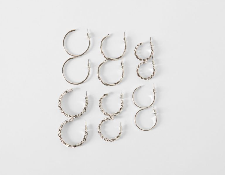 Bershka Set Of 6 Pairs Of Textured Hoop Earrings Sieraden Dames Zilver | 0obsXeMZfKY
