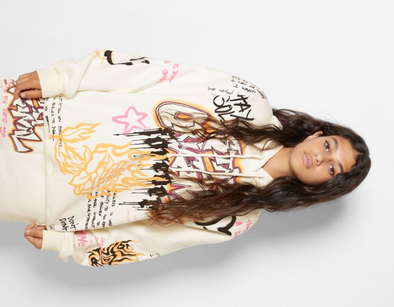 Bershka With Graffiti Print Hoodie Dames Wit | P7qVcLBvgCW